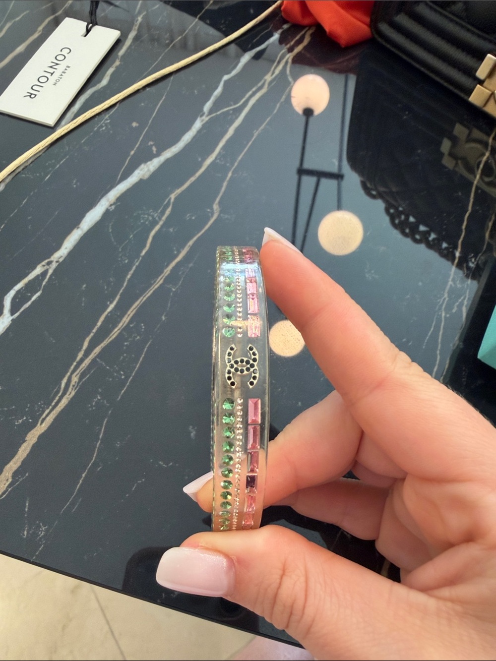 CHANEL Clear Resin Bangle with Pink and Green Crystals